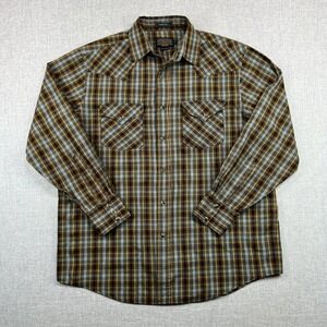 Pendleton Frontier Shirt Men Medium‎ Blue Tan Plaid Western Pearl Snap Flap Pkts
